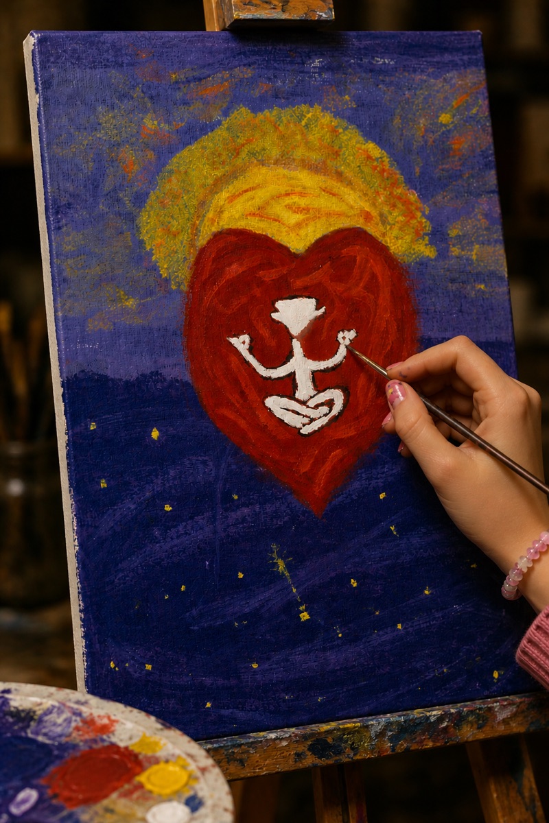 Original painting by Kristen Barker — a meditating figure inside a glowing red heart