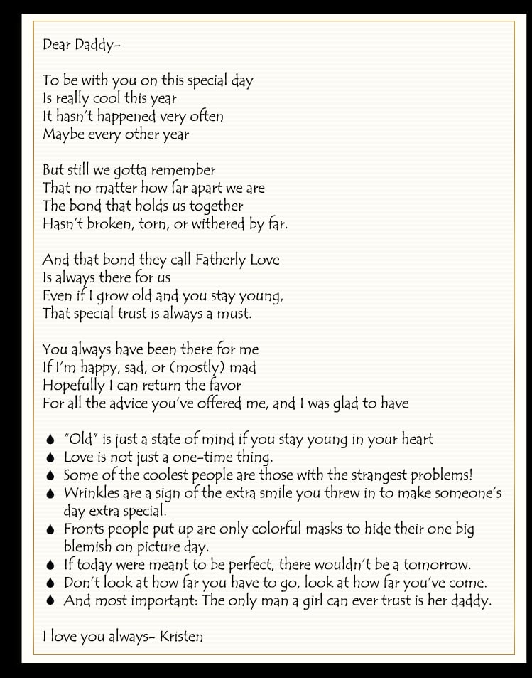 Father's Day letter from Kristen Barker to her dad Bruce, 2001