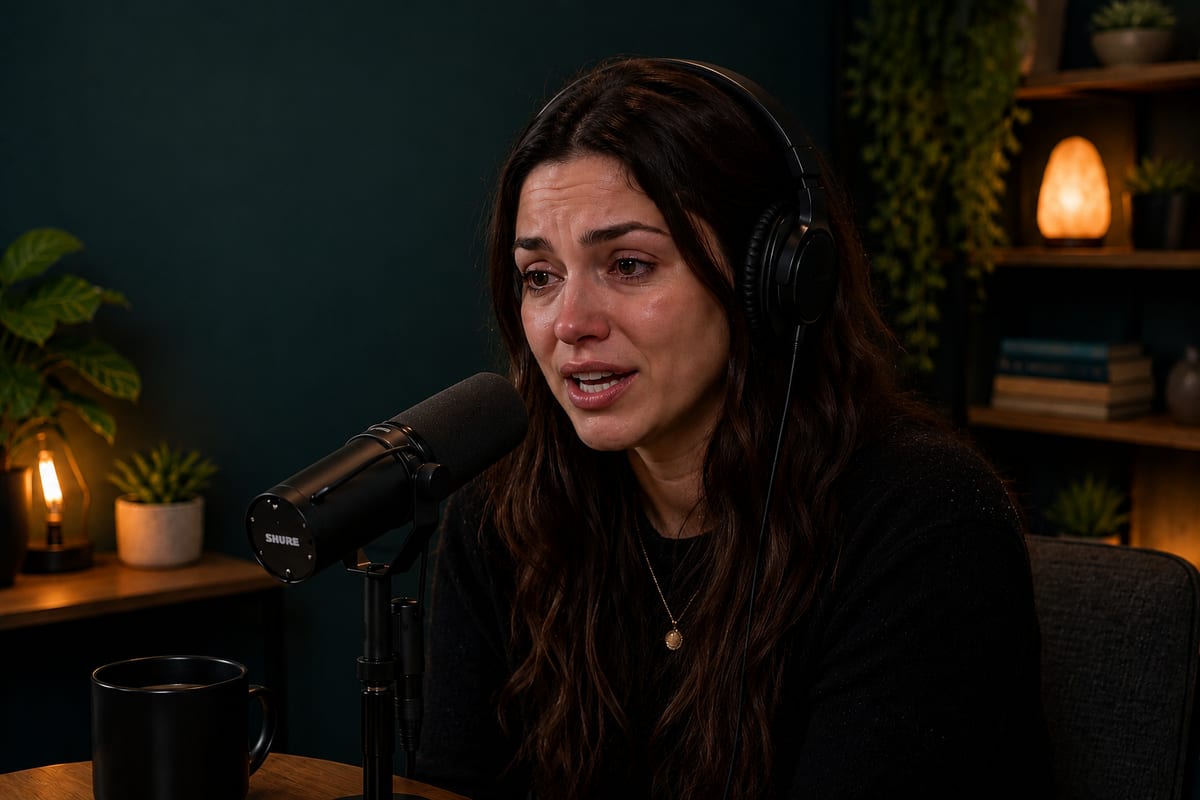 Brunette host in headphones speaking emotionally into a podcast microphone